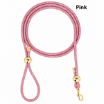 Pink rhinestone dog slip leash with gold clasp and loop handle, adjustable rope.