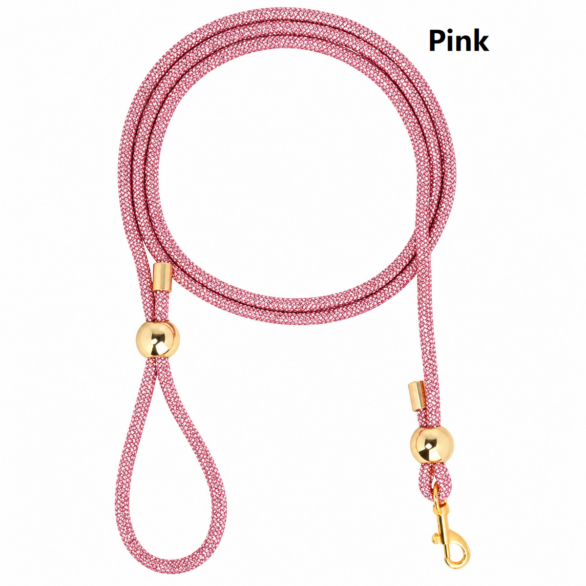 Pink rhinestone dog slip leash with gold clasp and loop handle, adjustable rope.