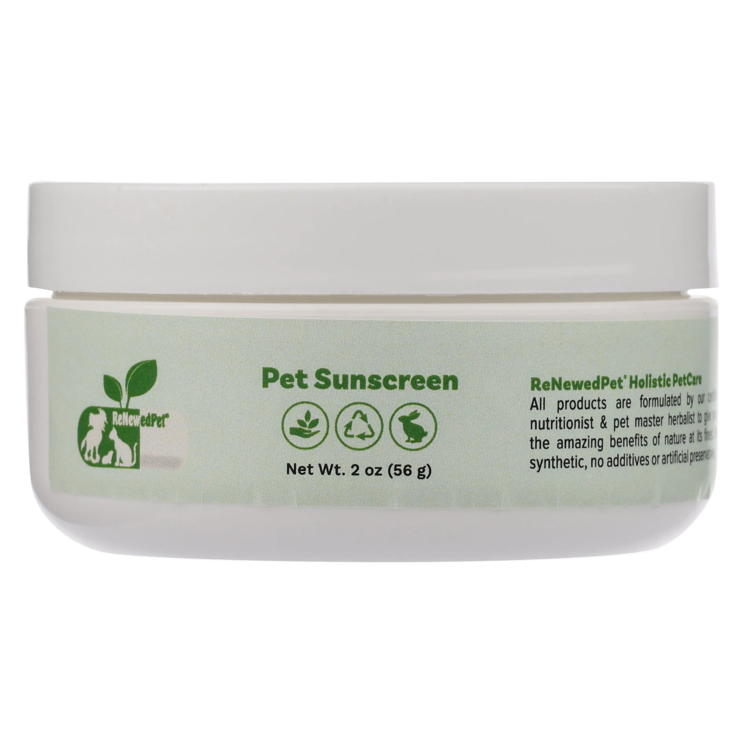 Pet Sunscreen jar with white lid, green label, Net Wt. 2 oz (56 g)