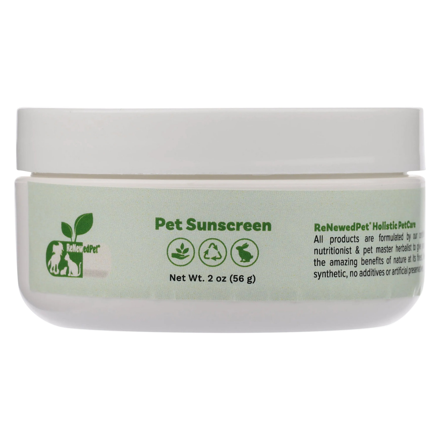 Pet Sunscreen jar with white lid, green label, Net Wt. 2 oz (56 g)