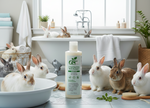 Pet shampoo bottle with beige label and green logo, Regular formula, upright on sink