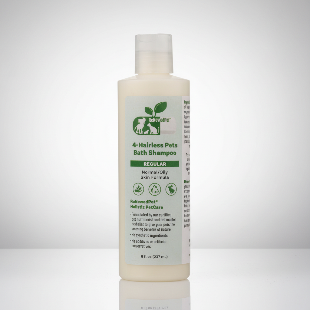 Organic pet bath shampoo bottle, light beige with clear cap, Regular skin formula label