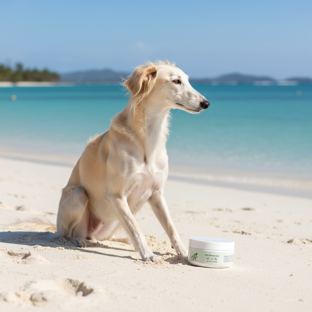 Dog sunscreen jar with golden retriever sitting on sand