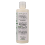 Pet bath shampoo bottle back label with ingredients and directions, beige bottle and clear cap
