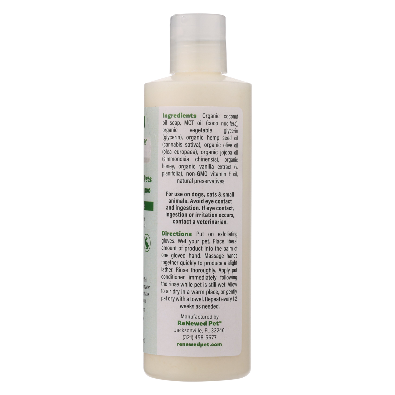 Pet bath shampoo bottle back label with ingredients and directions, beige bottle and clear cap