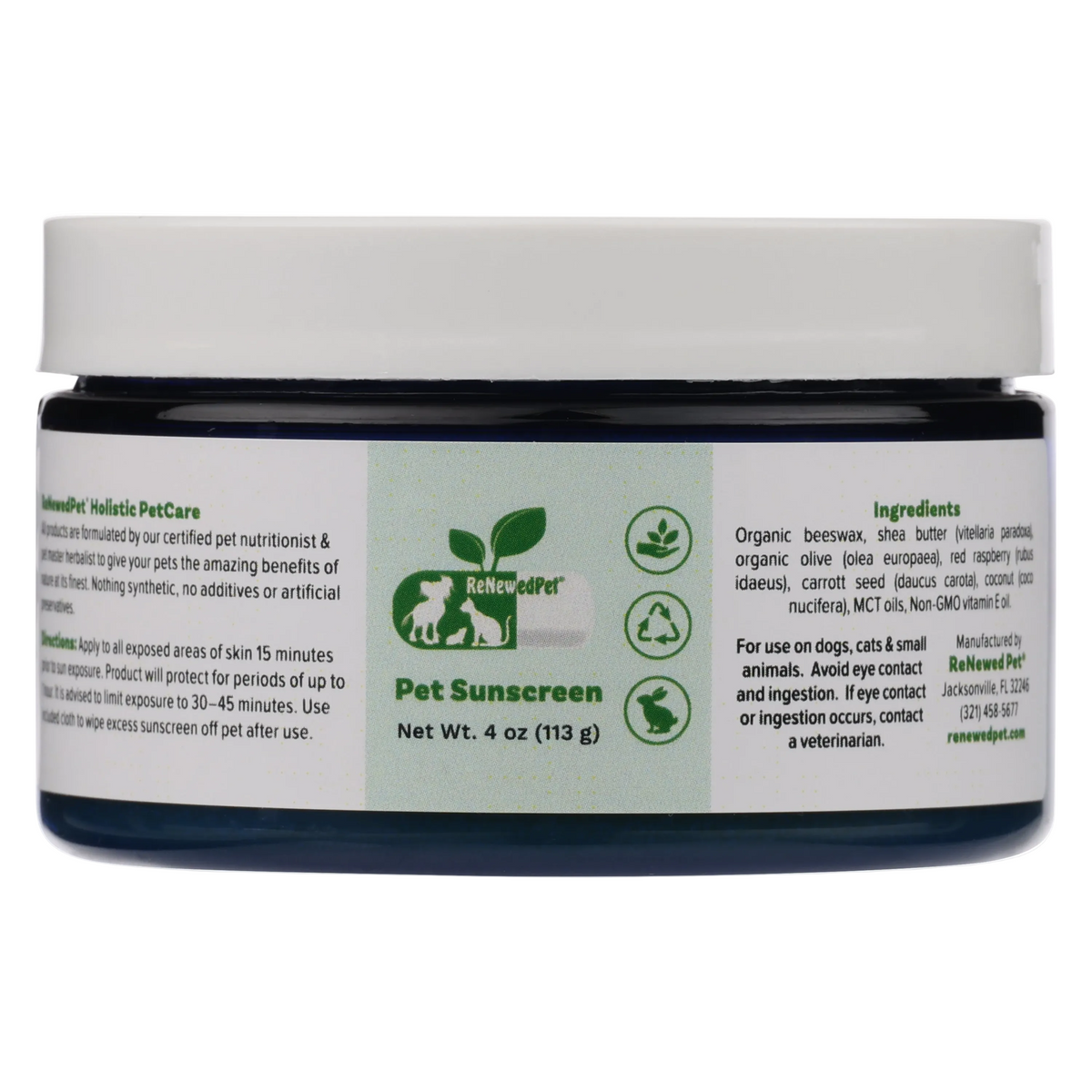 Pet Sunscreen jar with dark blue body, front label, Net Wt. 4 oz (113 g)