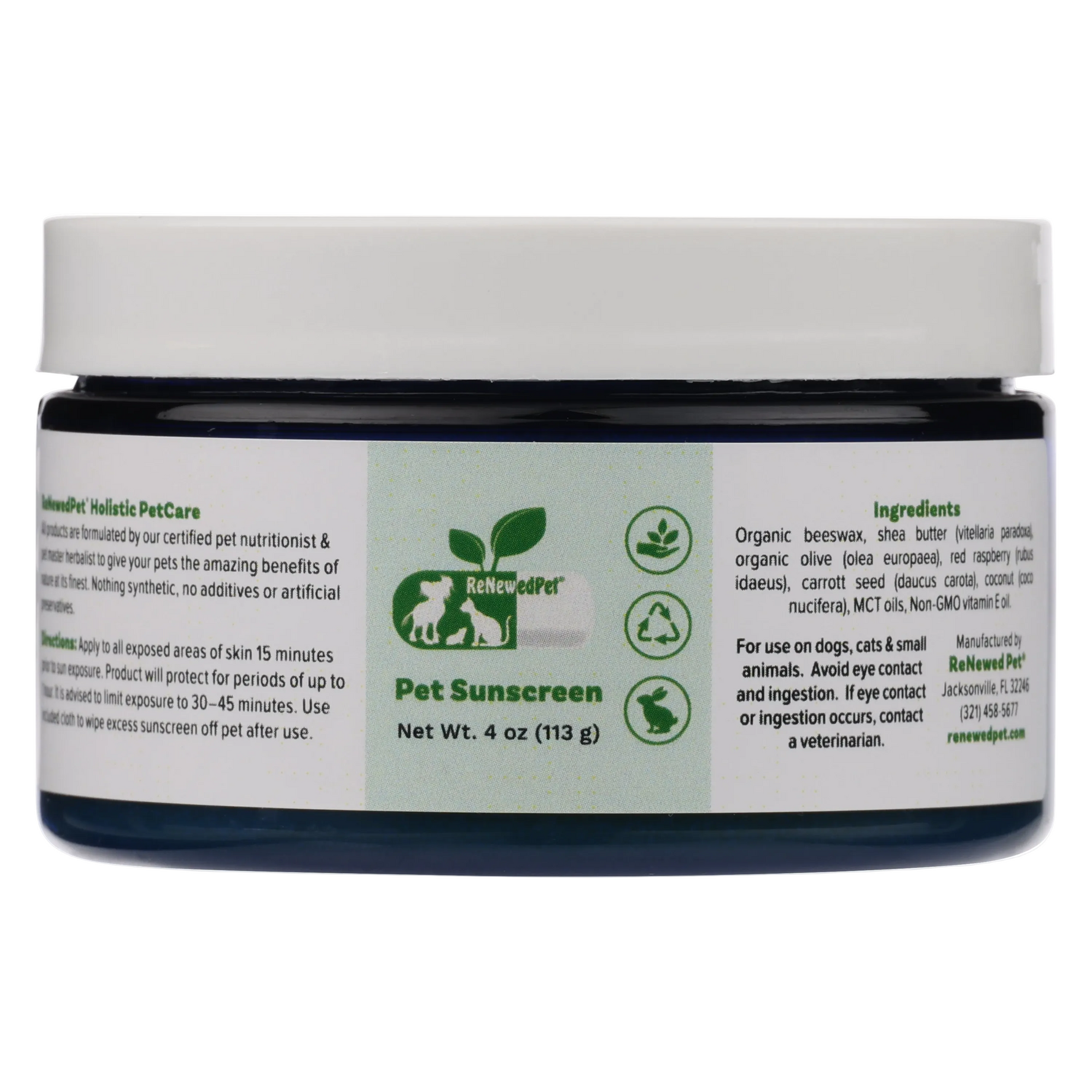 Pet Sunscreen jar with dark blue body, front label, Net Wt. 4 oz (113 g)