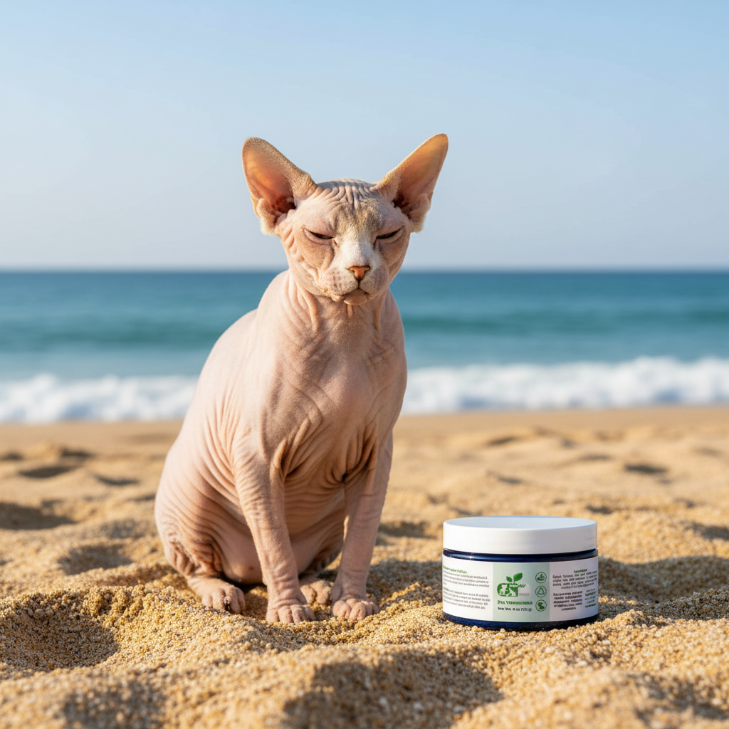 Dog sunscreen jar beside hairless cat on beach sand