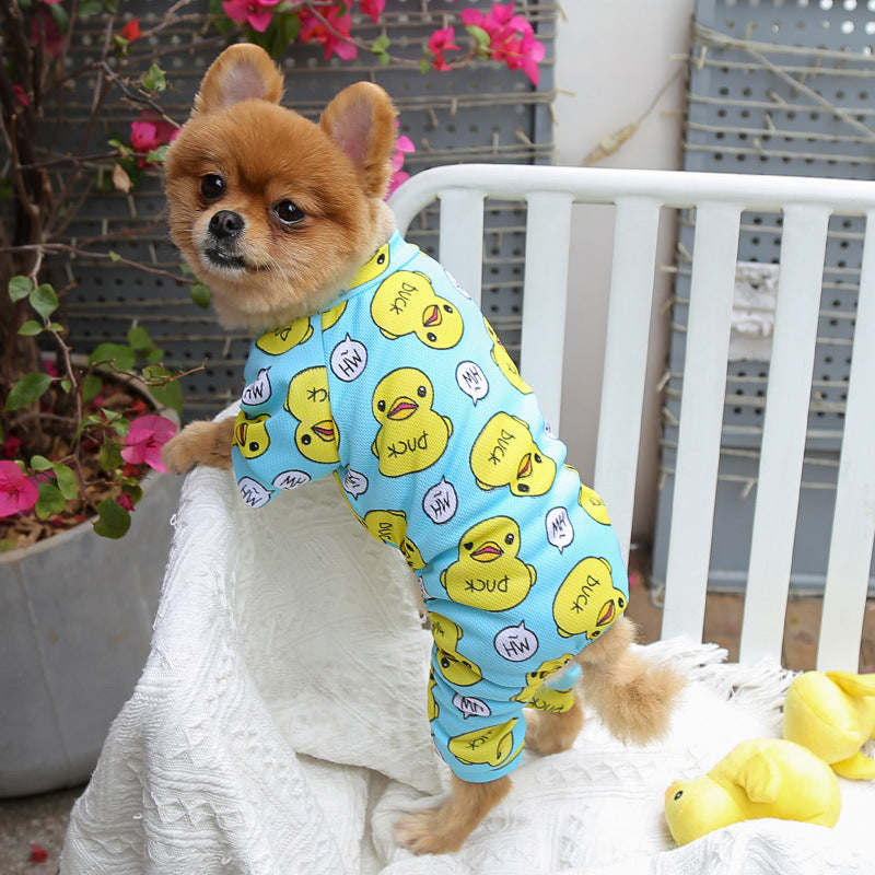Light blue duck-print four-legged pet outfit with long sleeves and paw openings