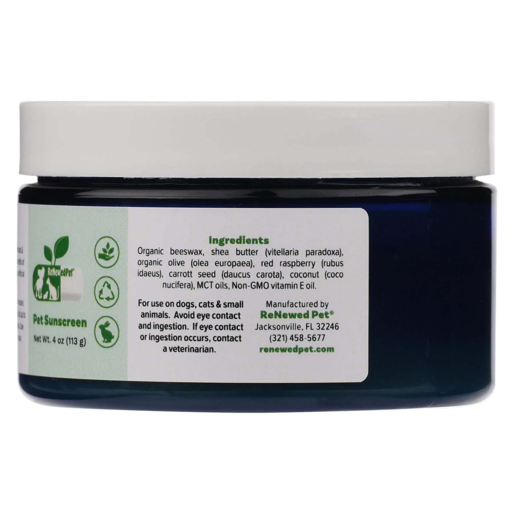 Pet Sunscreen jar back label on dark blue body, ingredients list, 4 oz (113 g)