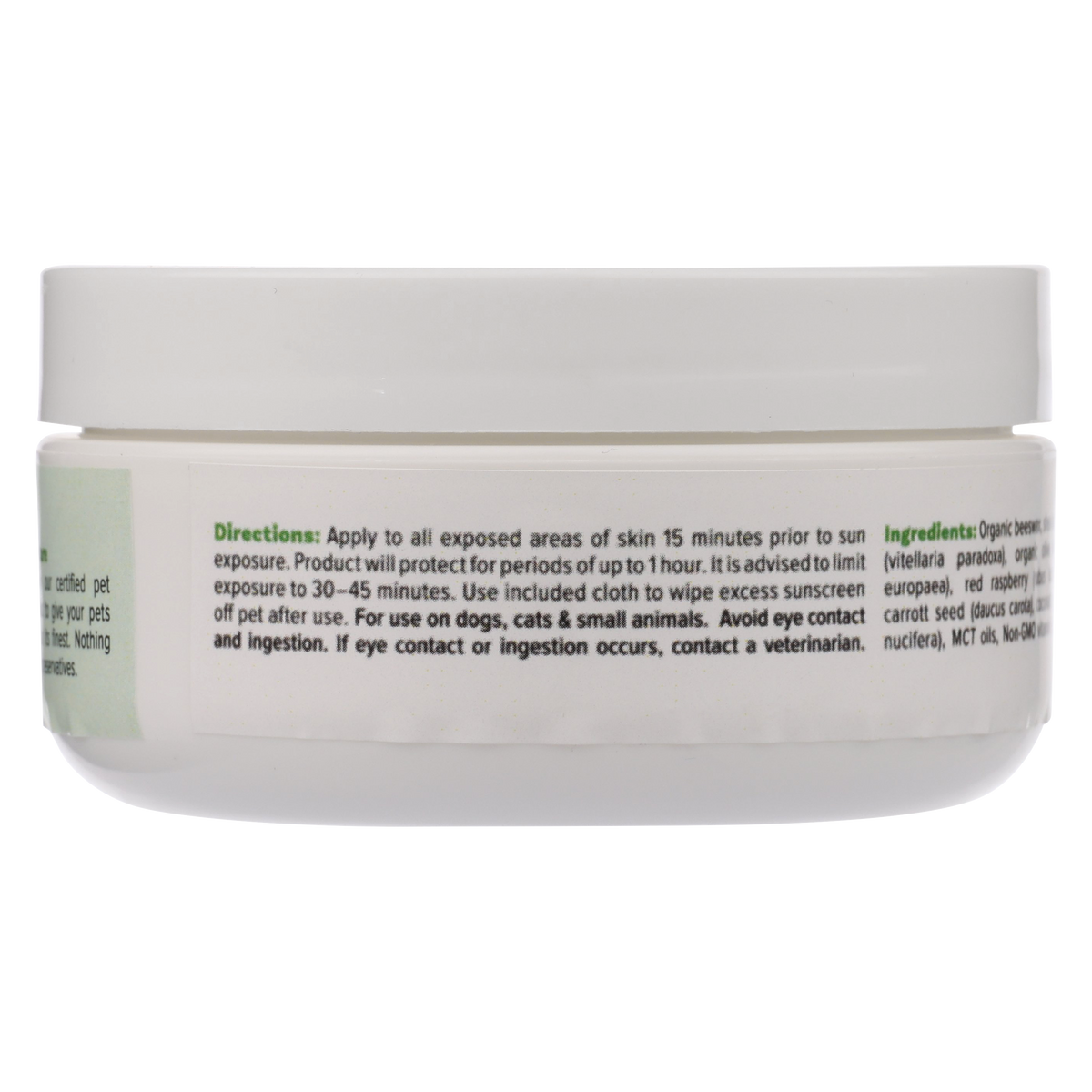 Pet Sunscreen jar back panel, directions and ingredients, white lid, 2 oz (56 g)