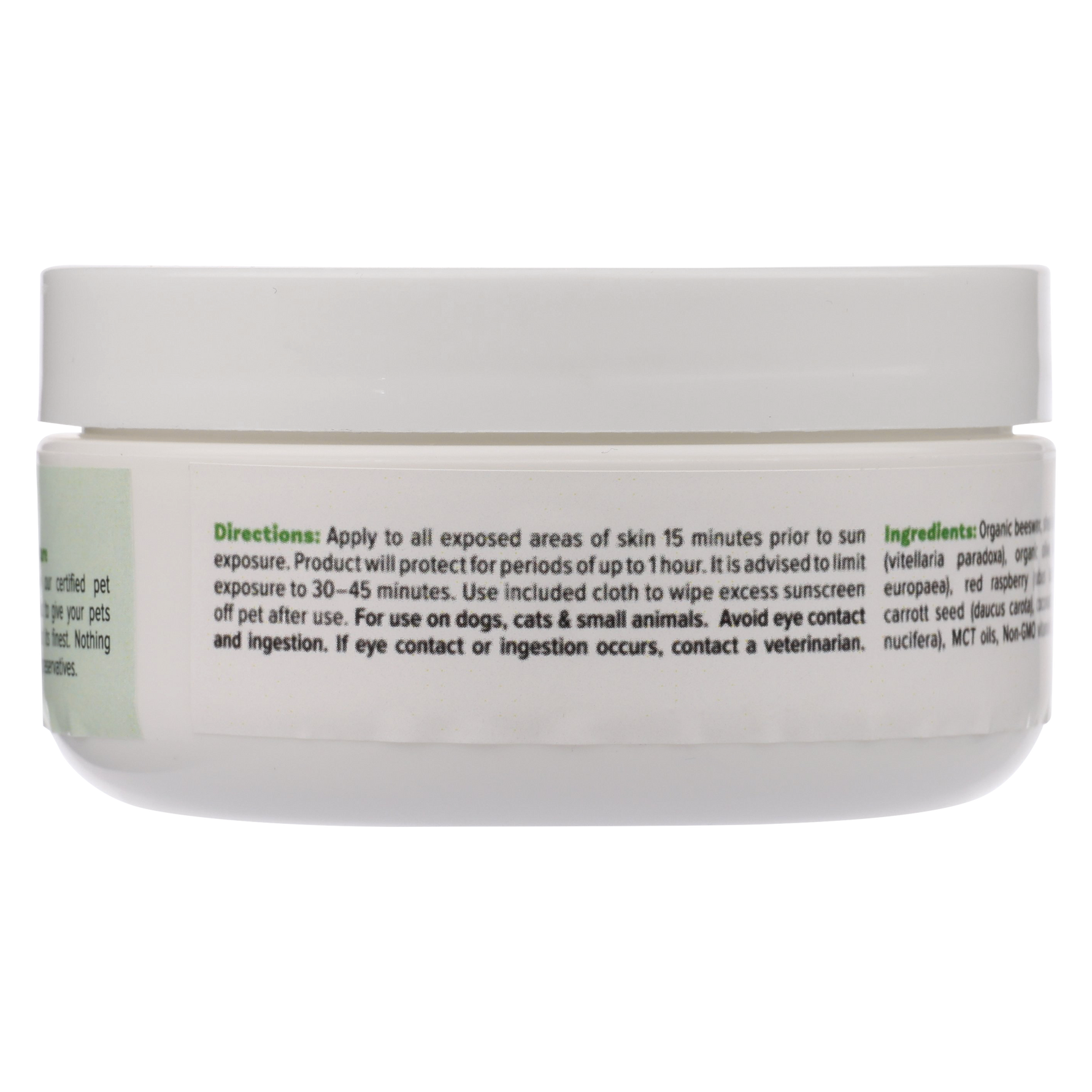 Pet Sunscreen jar back panel, directions and ingredients, white lid, 2 oz (56 g)