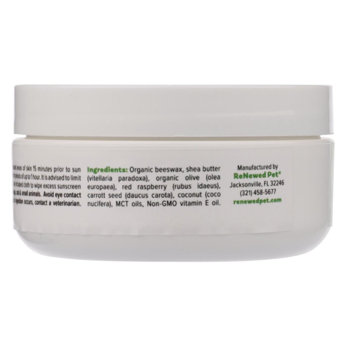 Pet Sunscreen jar back panel: ingredients and manufacturer info, 2 oz (56 g)