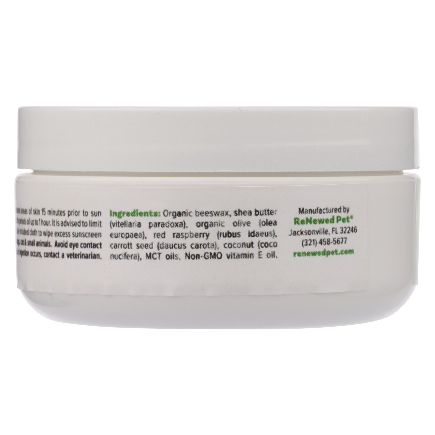 Pet Sunscreen jar back panel: ingredients and manufacturer info, 2 oz (56 g)