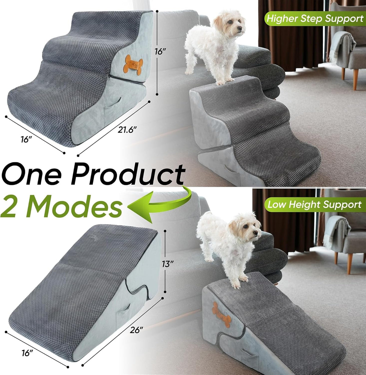 Foldable dark gray and light gray dog ramp stairs in two height modes