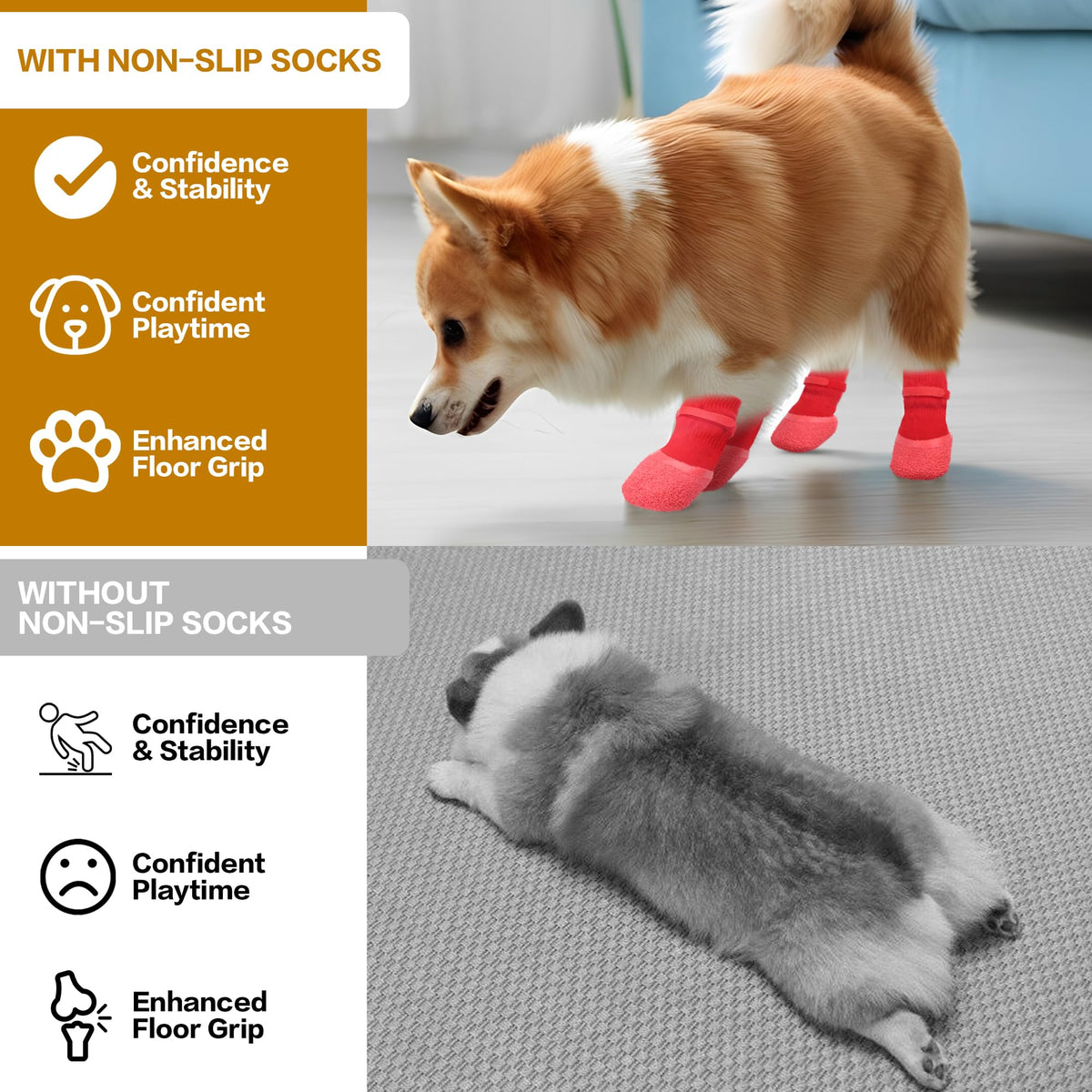 Red anti-slip dog socks on paws with textured grip pads for traction.