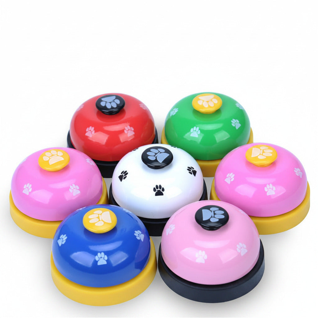 Pet training bell set with paw button tops in pink, red, blue, green, and white