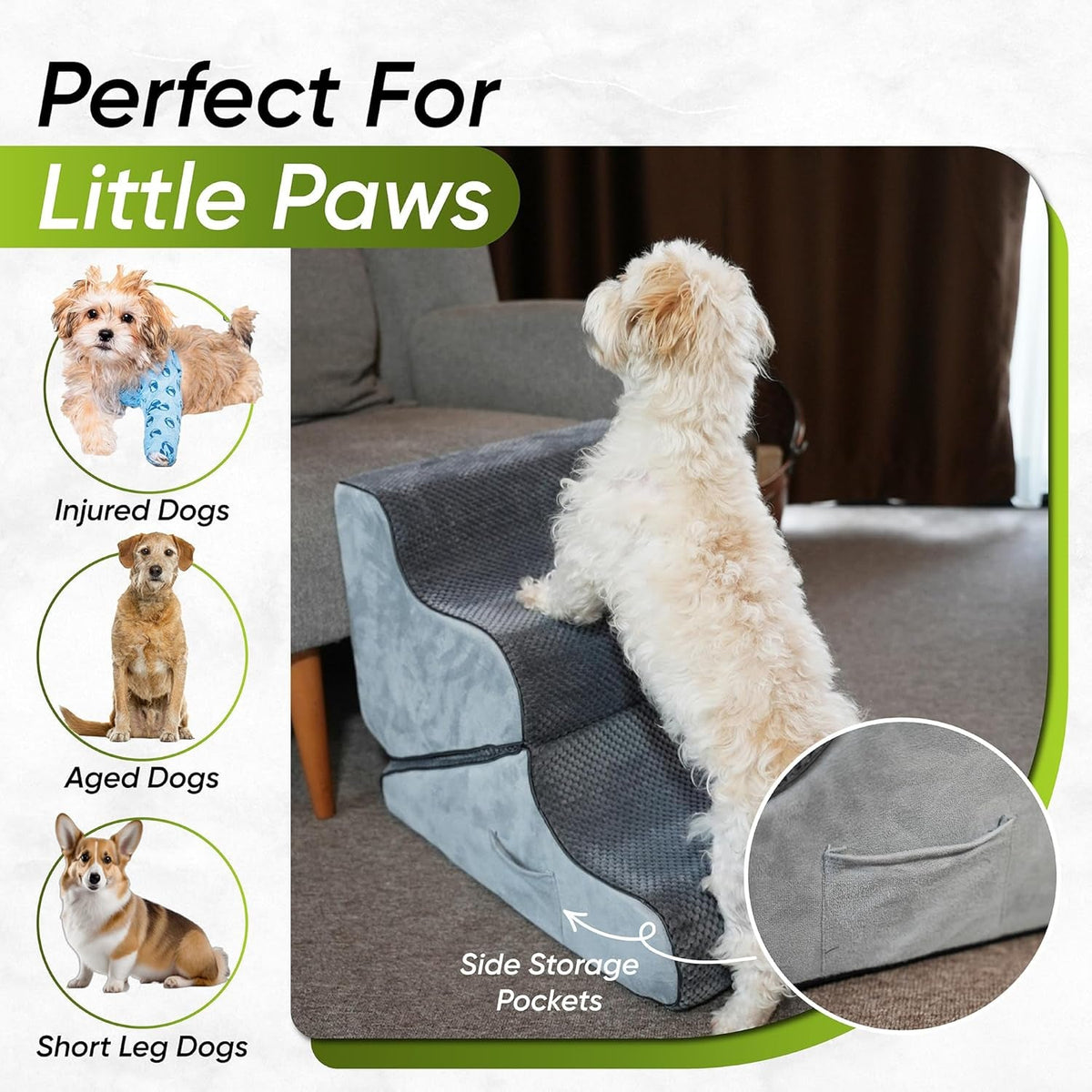 Dark gray dog stairs with side storage pockets for small accessories