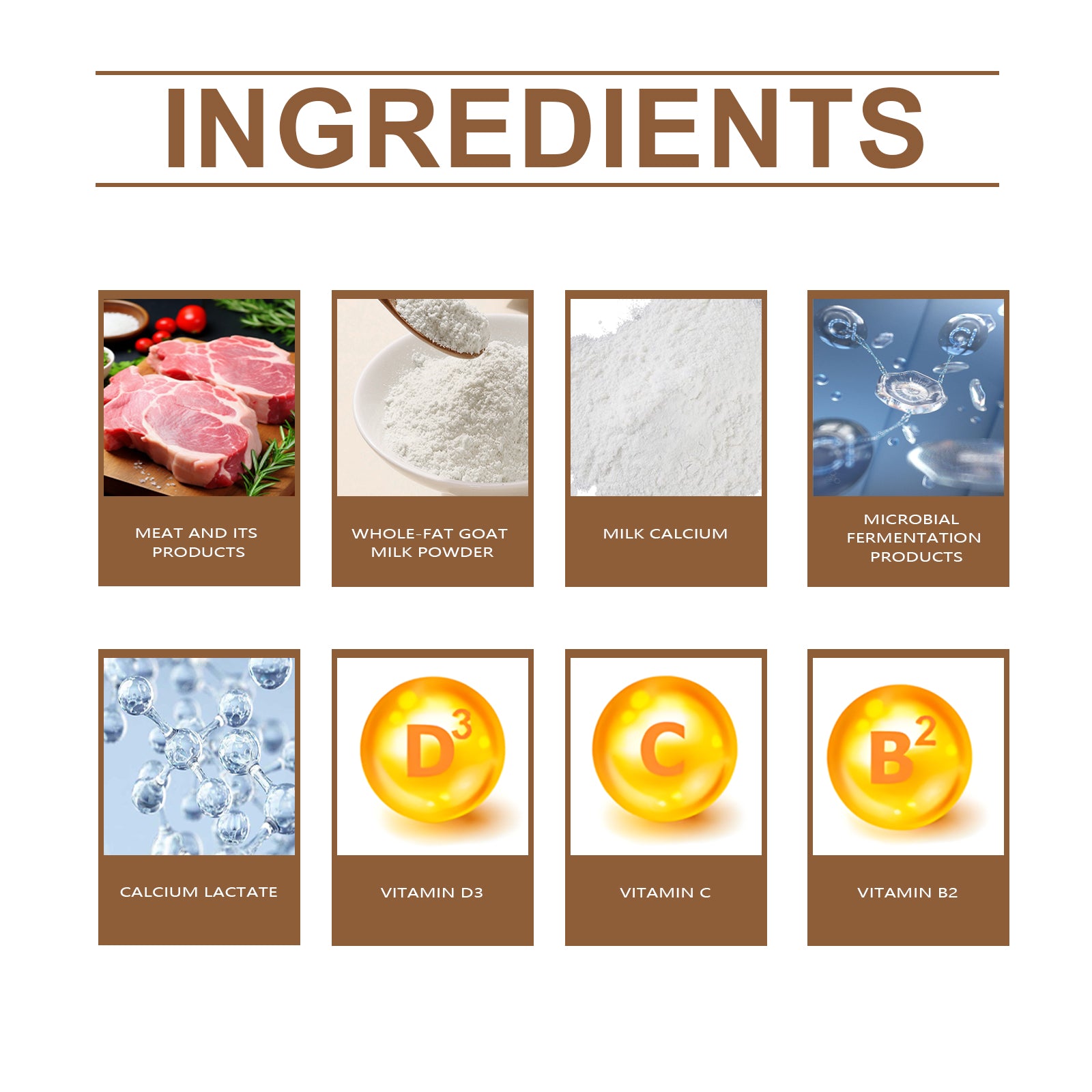 Ingredients chart with milk calcium lactate and vitamins D3, C, B12 for dogs