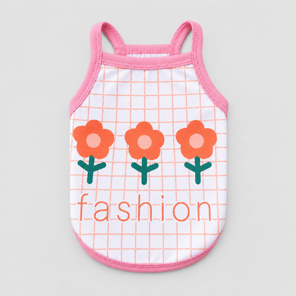 Fruit and floral pet tank top with pink trim, white grid, orange flower prints