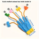 Magic bell glove cat toy, blue plush glove with yellow cuff and multicolor bells
