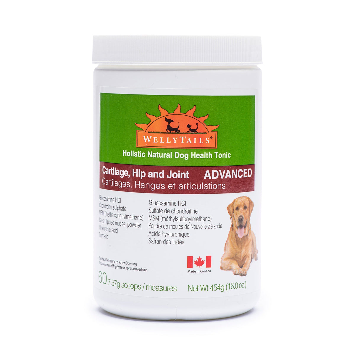WellyTails cartilage hip and joint dog supplement bottle, green label and ADVANCED badge