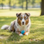 Dog training ball toy in blue, held in a dog’s mouth outdoors