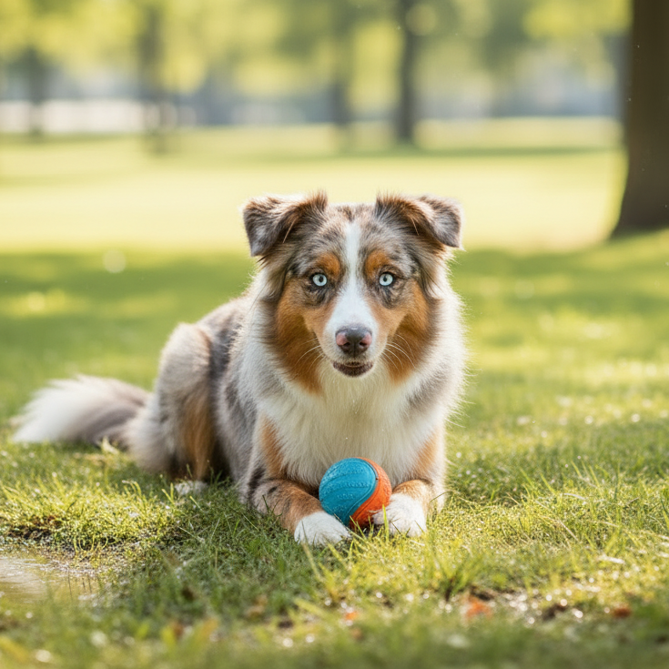 Dog training ball toy in blue, held in a dog’s mouth outdoors