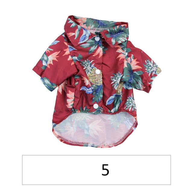 Hawaiian pet shirt, red with teal and green tropical leaf and pineapple prints, button front