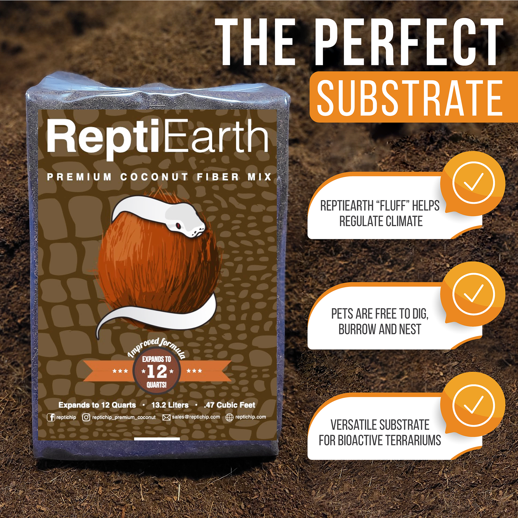 ReptiEarth premium coconut fiber substrate mix bag with dark brown substrate