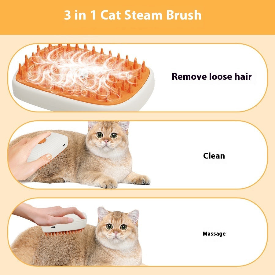 White and orange cat steam brush with orange bristles and rounded steam plate