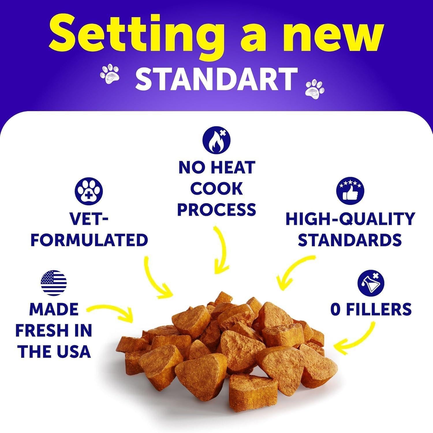 Dog multivitamin chew jar with a pile of brown soft chew pieces in front