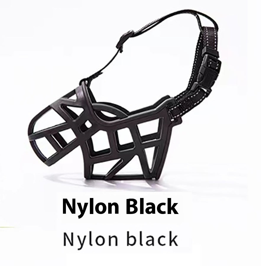 Black anti-bite dog muzzle with cage frame and adjustable head strap