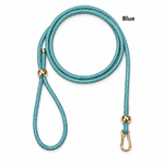 Blue rhinestone dog slip leash with gold clasp and loop handle, adjustable rope.