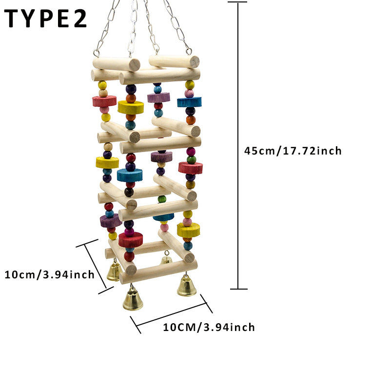 Wooden parrot swing toy with colorful beads and hanging bells; 45 cm length.