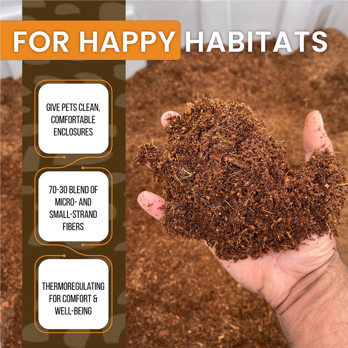 Hand holding dark brown coconut fiber substrate blend for reptile habitats