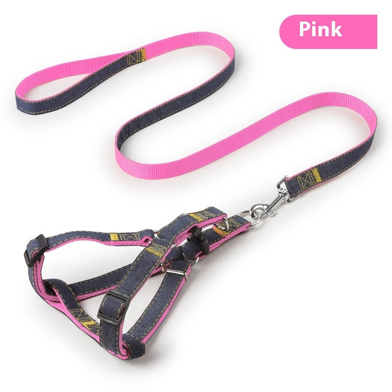 Pink leash and denim dog harness set with metal snap clips and D-ring