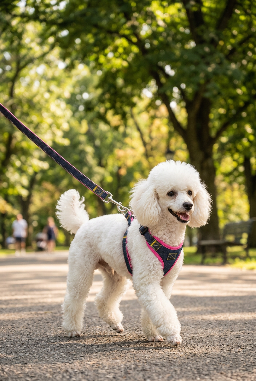 Dog denim harness with purple leash and pink accents, adjustable straps and D-ring
