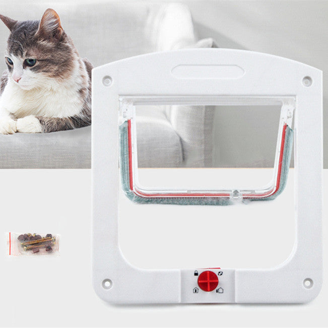 White two-way pet door with red locking dial and clear access flap