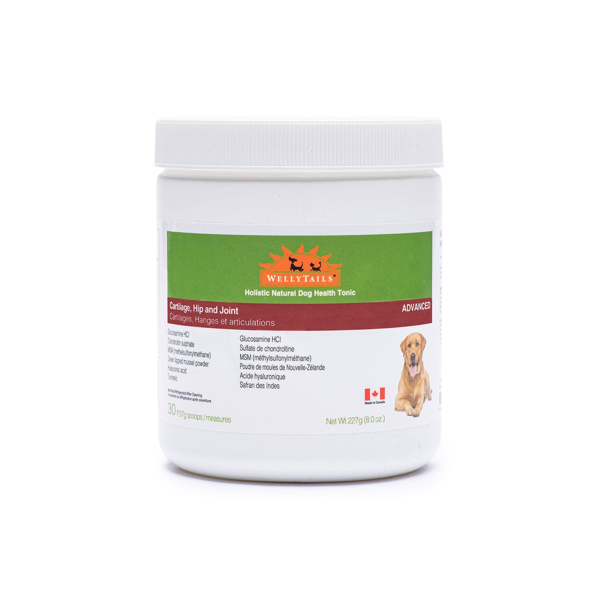 WellyTails cartilage hip and joint dog supplement bottle, green label with ADVANCED