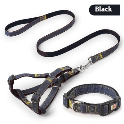 Black dog leash and matching collar set with metal clasp and stitched fabric