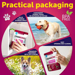 Travel-friendly resealable pouch infographic with dog outdoors and packet close-ups.