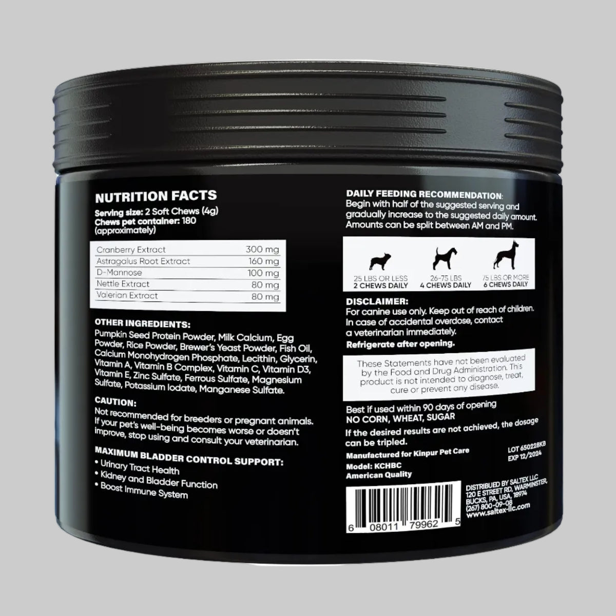 Back label of dog chew jar with nutrition facts and daily feeding recommendation