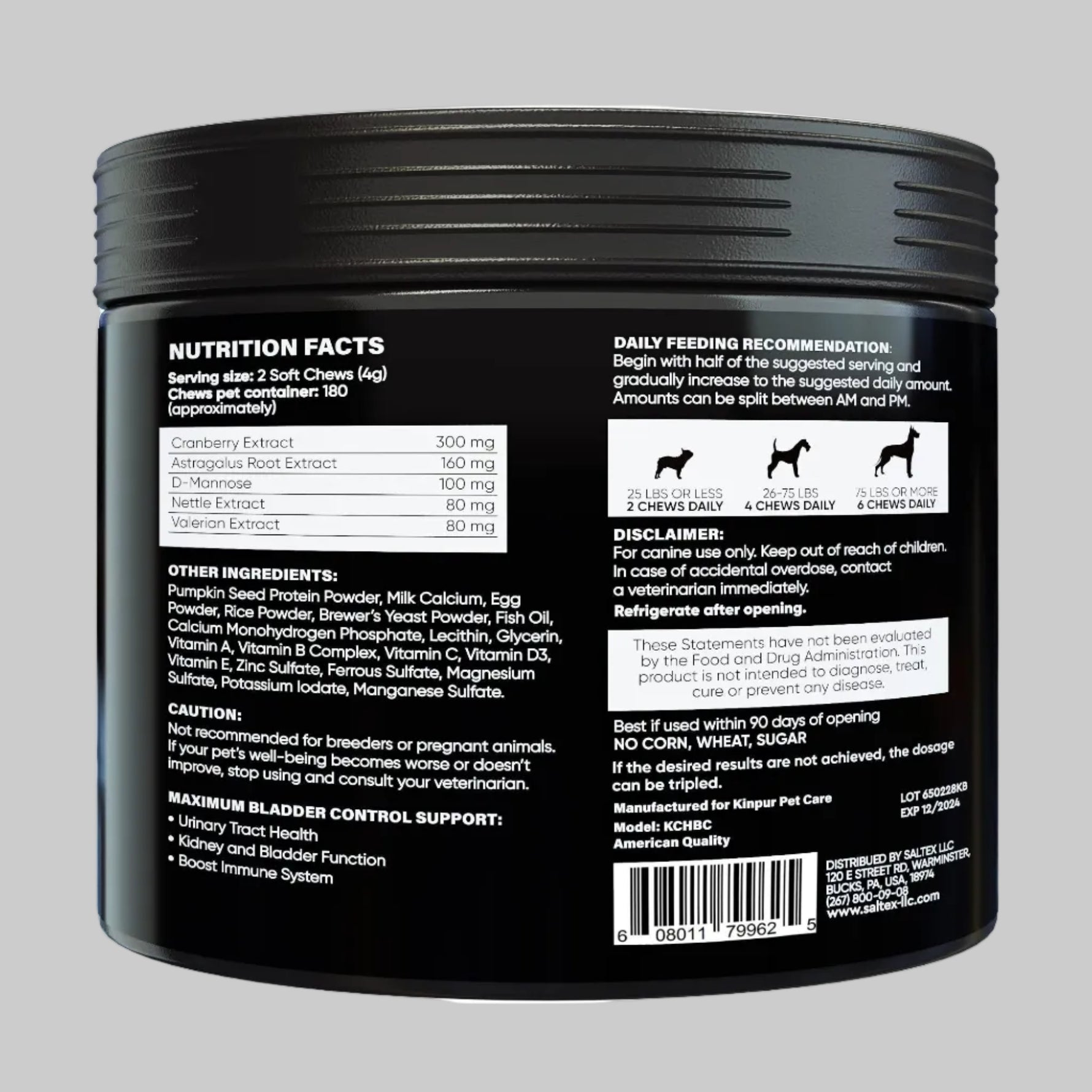 Back label of dog chew jar with nutrition facts and daily feeding recommendation