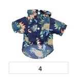 Navy tropical pet shirt with colorful palm leaf and pineapple print, snap-button style