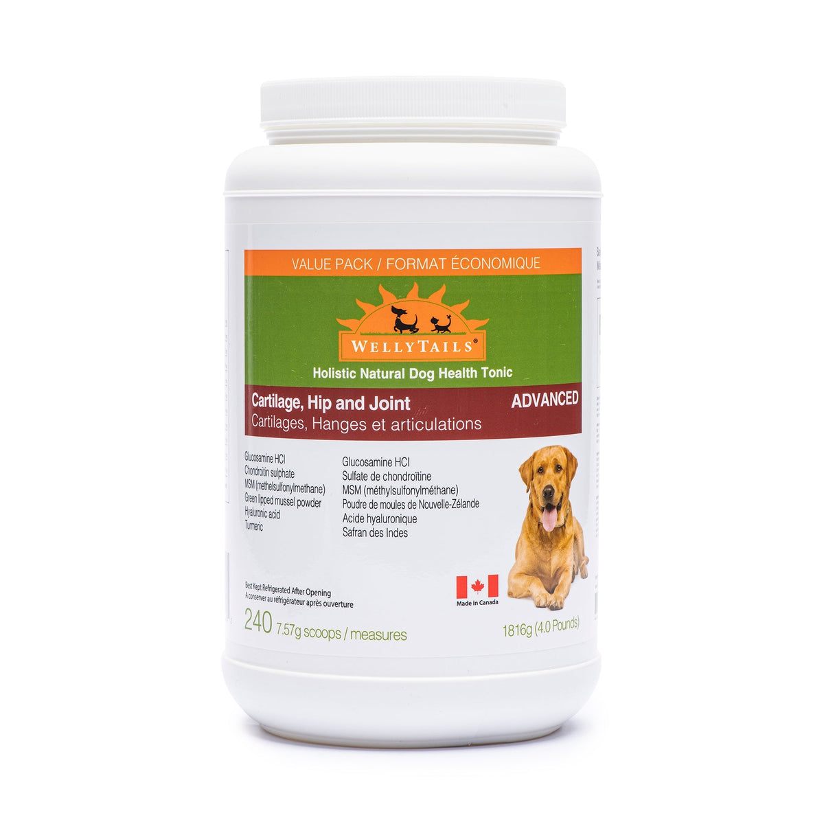 WellyTails cartilage, hip & joint dog supplement bottle with green label, front view