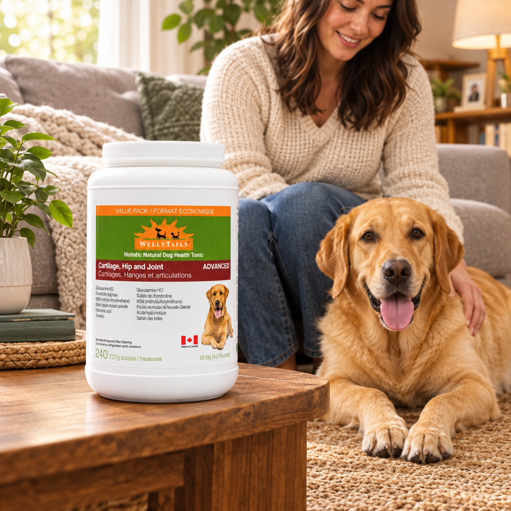Dog hip and joint support supplement powder container, white bottle with green label