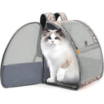 Pet backpack with grey mesh sides and curved front, leopard-trim base and top flap