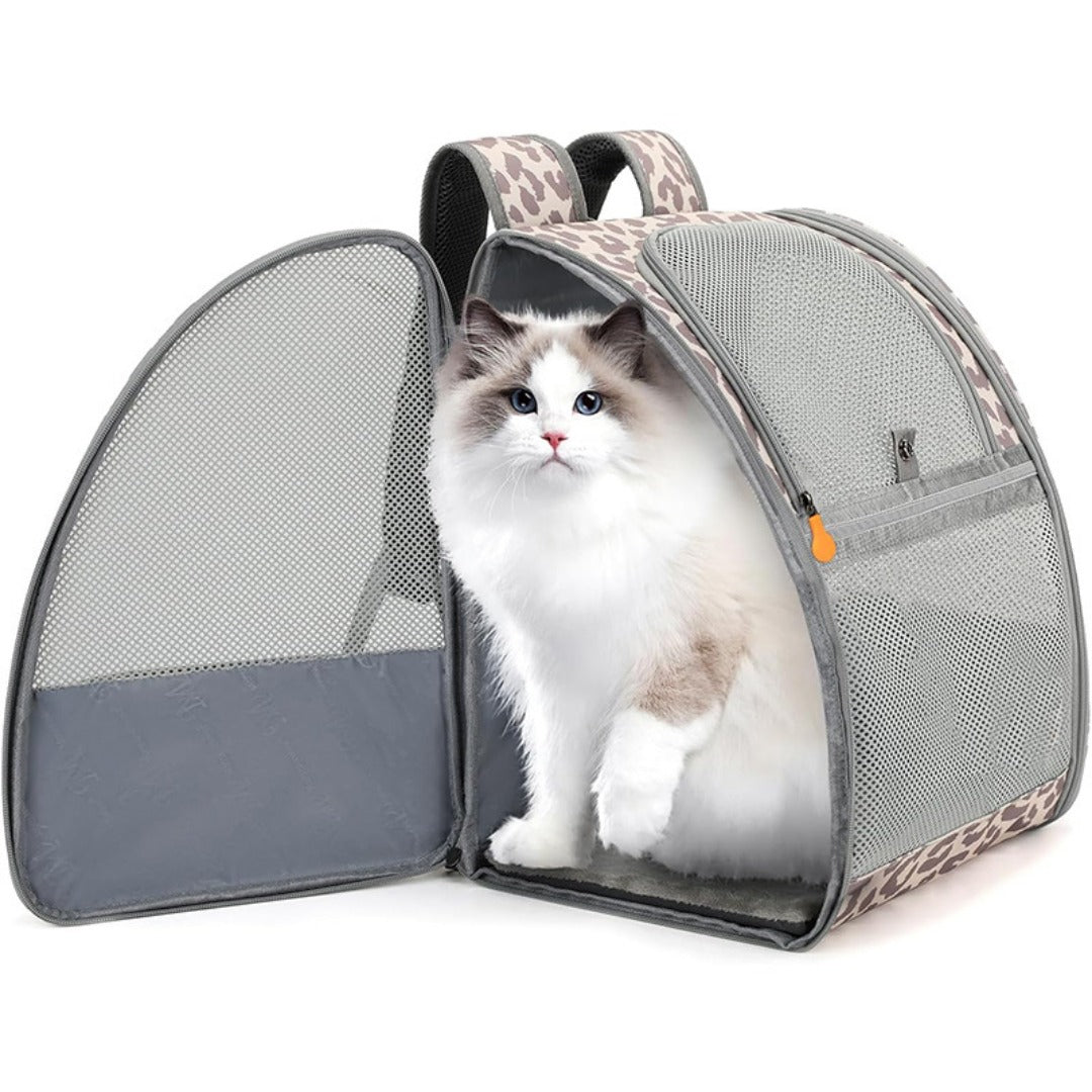Pet backpack with grey mesh sides and curved front, leopard-trim base and top flap
