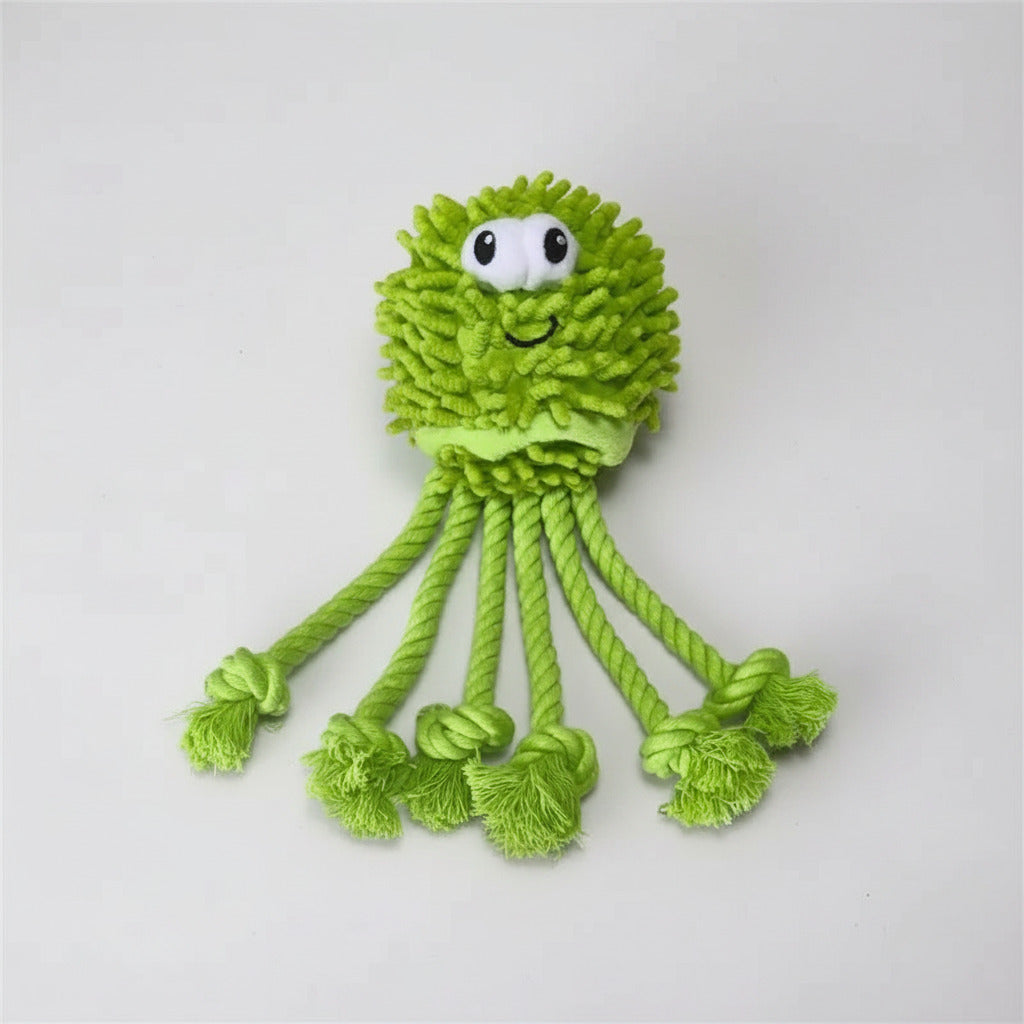 Green octopus plush pet toy with smiling face, big eyes, and long tentacles